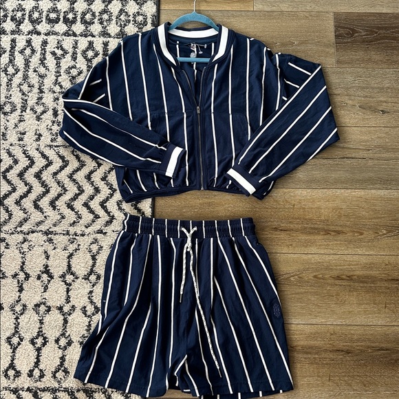 NWOT Free People Off Duty Set in navy pinstripe